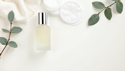Botanical beauty: a minimalist aesthetic featuring a skincare bottle, cotton pads, and eucalyptus branches.