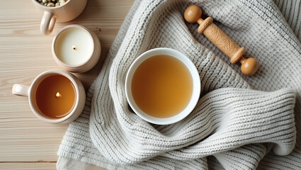 Cozy Relaxation: Aromatic Tea, Candles, and a Knitted Blanket for a Calm and Peaceful Ambiance.