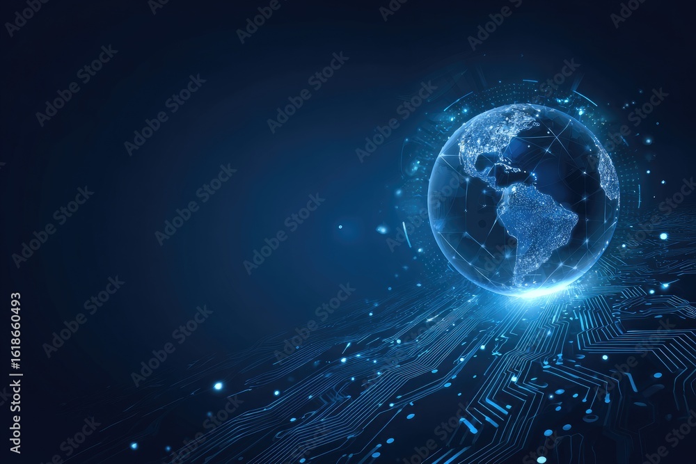 Poster glowing digital earth sphere, detailed with illuminated circuitry pathways extending from its base, 