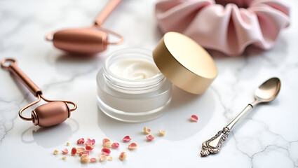 Skincare essentials: cream, rollers, spoon, and petals create a spa-like experience on marble background.