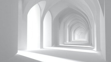 Fototapeta premium Long corridor with arches showcases interplay of light and shadow in an ultra-realistic, bright environment