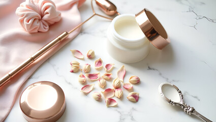 Elegant skincare arrangement with cream, petals, rose-gold tools, and silk on marble background.