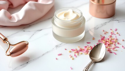 Self-care essentials: Face cream, roller, spoon, soft cloth, copper container, and scattered rose petals.