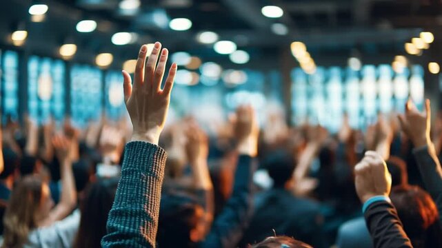An audience participating enthusiastically in a large convention hall. 