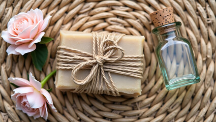 Handcrafted soap and essential oil bottle with natural elements on woven surface. Spa relaxation theme.