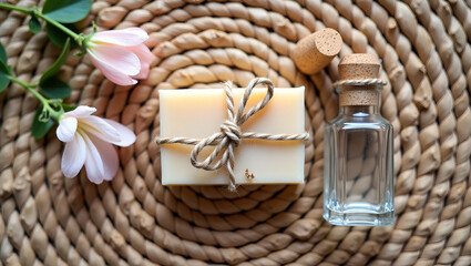 Spa Essentials: Handmade soap and oil bottle on a woven mat with delicate pink flowers. Relax and rejuvenate.
