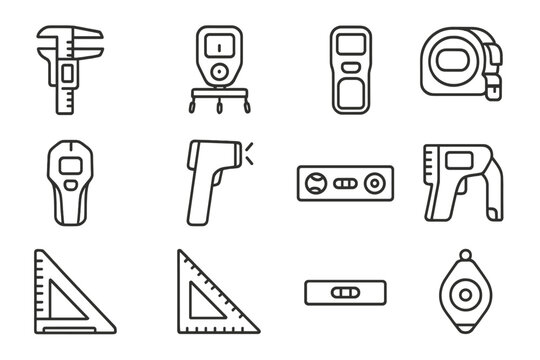 Collection of precision measurement tools and instruments icons