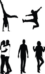 Silhouette of people in dynamic poses, jumping, dancing, hugging, walking, handstand, isolated on white background, modern lifestyle concept