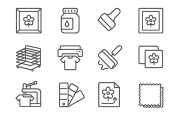 Icon set depicting various screen printing tools and equipment