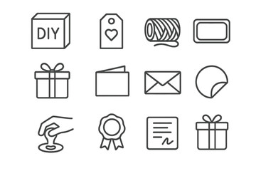 Minimalist diy icons set for crafting and gift wrapping on gray background