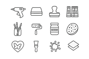 Art and craft tools icons - glue, paint, brush, roller, gesso