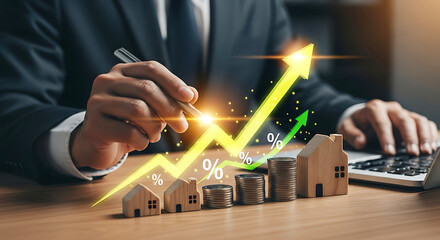 Businessman analyzing financial growth with rising stock market graph and miniature houses representing real estate investment success