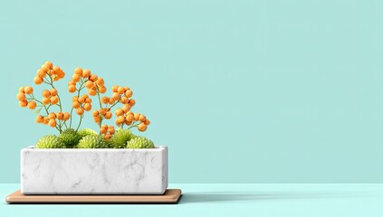 Decorative arrangement of orange berries in a white marble planter.