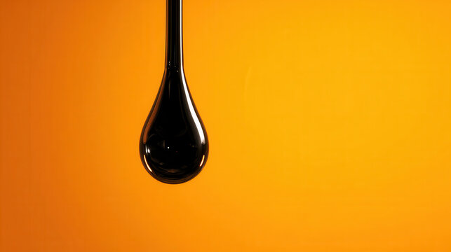 Captivating drop of black oil suspended against a vibrant orange backdrop, showcasing exquisite detail and lighting interplay