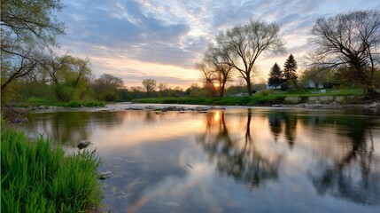 Beautiful sunset reflecting on a calm river in a serene natural setting