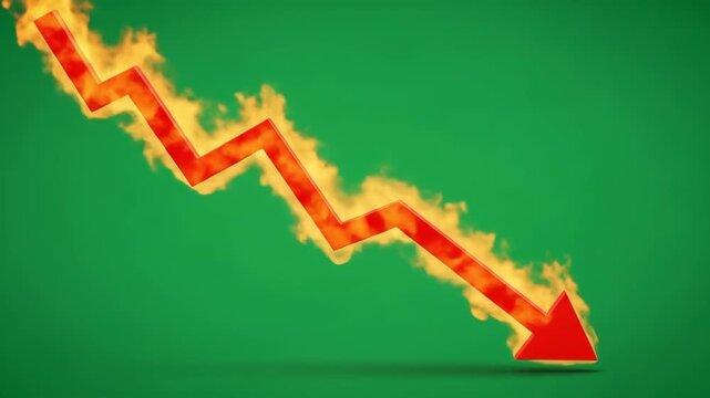 Downward Trend Arrow with Flames - This video features a bold red downward arrow symbolizing a decreasing trend, stylized with flames licking around its edges.