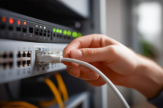 Network cable being connected to a server rack for data transfer and communication in a technology infrastructure environment.