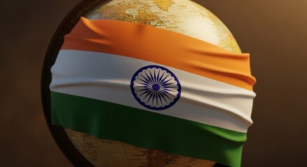 Close-up of the Indian flag with the Ashoka Chakra draped over a vintage terrestrial globe.