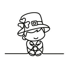 Little leprechaun with clover leaf on hat, vector, black line drawing, minimalistic, single line, simple line, isolated, transparent background