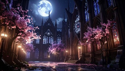 An enchanted gothic cathedral stands under a glowing full moon, surrounded by delicate cherry blossoms in bloom. The scene feels like a forgotten realm from a fantasy tale — timeless, elegant