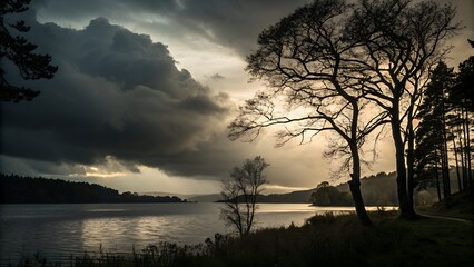 Dramatic storm clouds gather over serene lake with silhouetted trees at sunset