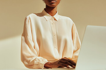 Elegant African woman working on laptop in minimalist modern office