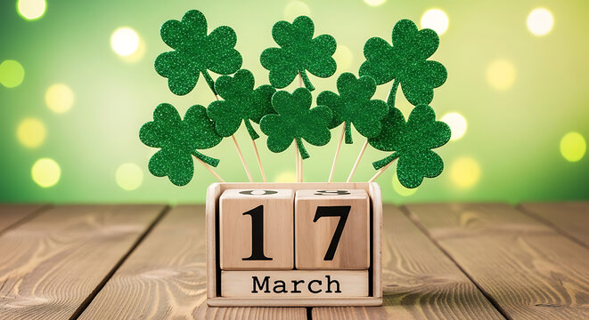 St. Patrick's Day wooden calendar showing March 17th with shamrocks.