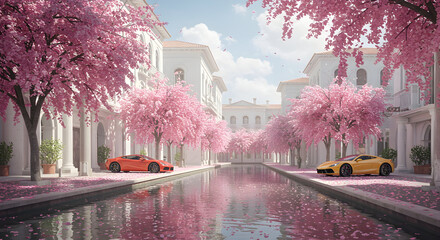 Luxury Cars Parked Under Cherry Blossoms Spring Dream