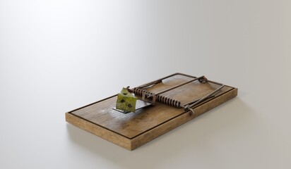 Mouse trap, mouse bait, trapping, 3D illustration