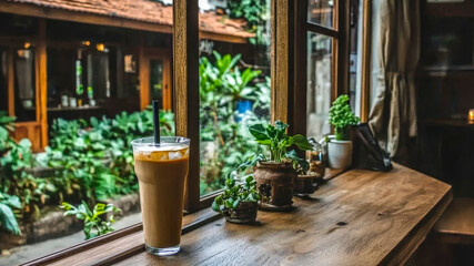 A refreshing glass of iced coffee sits on a wooden windowsill, offering a perfect view of lush green plants outside