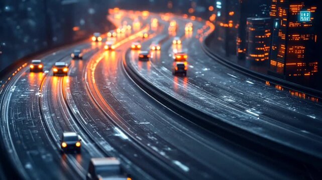 Wet multilane highway at night with cars and city lights dark tones