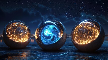 Three glowing spheroids of cells, One has a glowing blue organic structure inside, The other has swirling water, All three are suspended above the cell layer 
