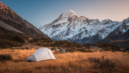 Camping in the breathtaking New Zealand mountains with a white tent against snow-capped peaks during golden hour