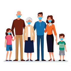 A multigenerational family wearing protective face masks, vector illustration