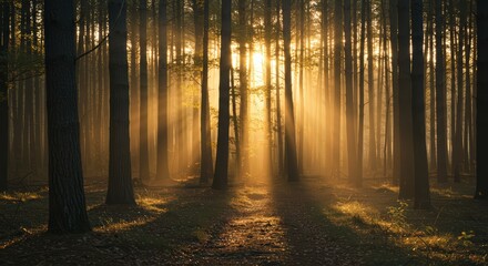 Golden sunlight through misty forest