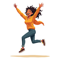 Happy woman running and jumping for joy vector illustration Colorful cartoon character showing excitement freedom or positive emotion