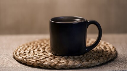 A dark ceramic coffee mug on woven placemat in warm light