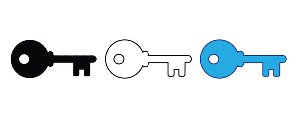key icon set vector on white background. lock, security, access, unlocking, opportunity, solution, vintage, classic, design, black and white, monochrome, blue, outline, symbol.