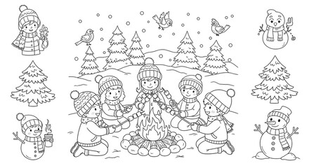 Obraz premium Line art illustration: Happy South Asian children preparing for a festive celebration, Rangoli design, flowers, traditional attire, cheerful mood.