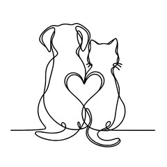 Dog and cat with heart, vector, black line drawing, minimalistic, single line, simple line, isolated, transparent background