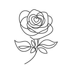 Rose with heart center, vector, black line drawing, minimalistic, single line, simple line, isolated, transparent background 