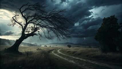 Dramatic landscape with storm clouds, lightning strike, and windswept tree