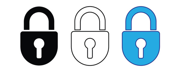 lock icon set vector on white background.  padlock, security, safety, privacy, protection, icon, graphic, vector, illustration, simple, black and white, blue, outline, filled, button, app, symbol.
