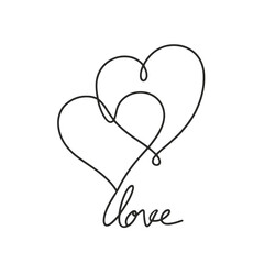 Two hearts forming the word “love”, vector, black line drawing, minimalistic, single line, simple line, isolated, transparent background 