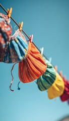 Close-up colorful cloth masks on clothesline against blue sky
