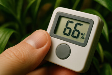 Humidity Monitor in Hand: A close-up of a hand holding a digital humidity monitor, displaying a 66% reading. The device is in focus, creating a stark contrast with the greenery behind.