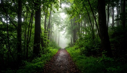 Naklejka premium Misty Forest Path Leading to Sunlight Through Lush Green Trees