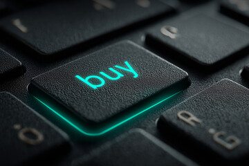 Close-up of glowing 'buy' button on keyboard