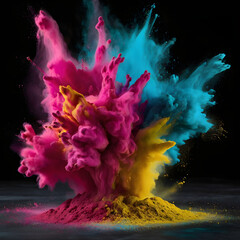 Dynamic Burst of Colorful Powder Explosion in Vibrant Pink, Blue, and Yellow Against Dark Background