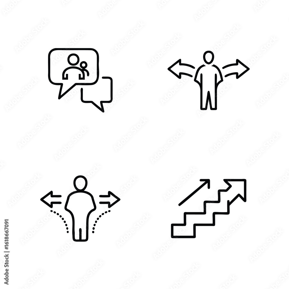 Poster four simple line art icons depicting communication decision making progress speech